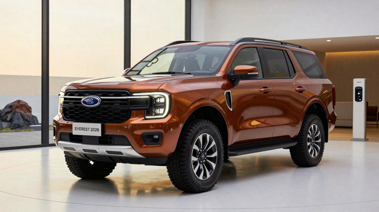 Ford Everest 2026 orange métallisé SUV garé dans un showroom moderne avec grandes fenêtres.