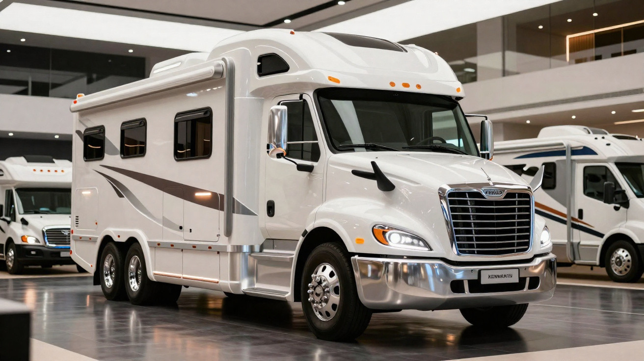 Camping-car blanc moderne garé dans un showroom lumineux avec plusieurs fenêtres latérales et roues chromées.