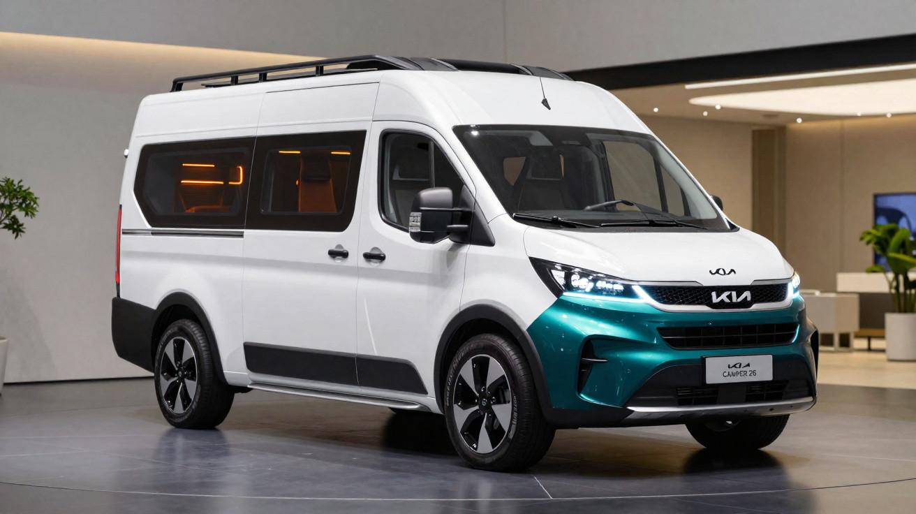 Van blanc avec pare-chocs avant vert, vitres teintées et toit équipé d'un porte-bagages en intérieur moderne.