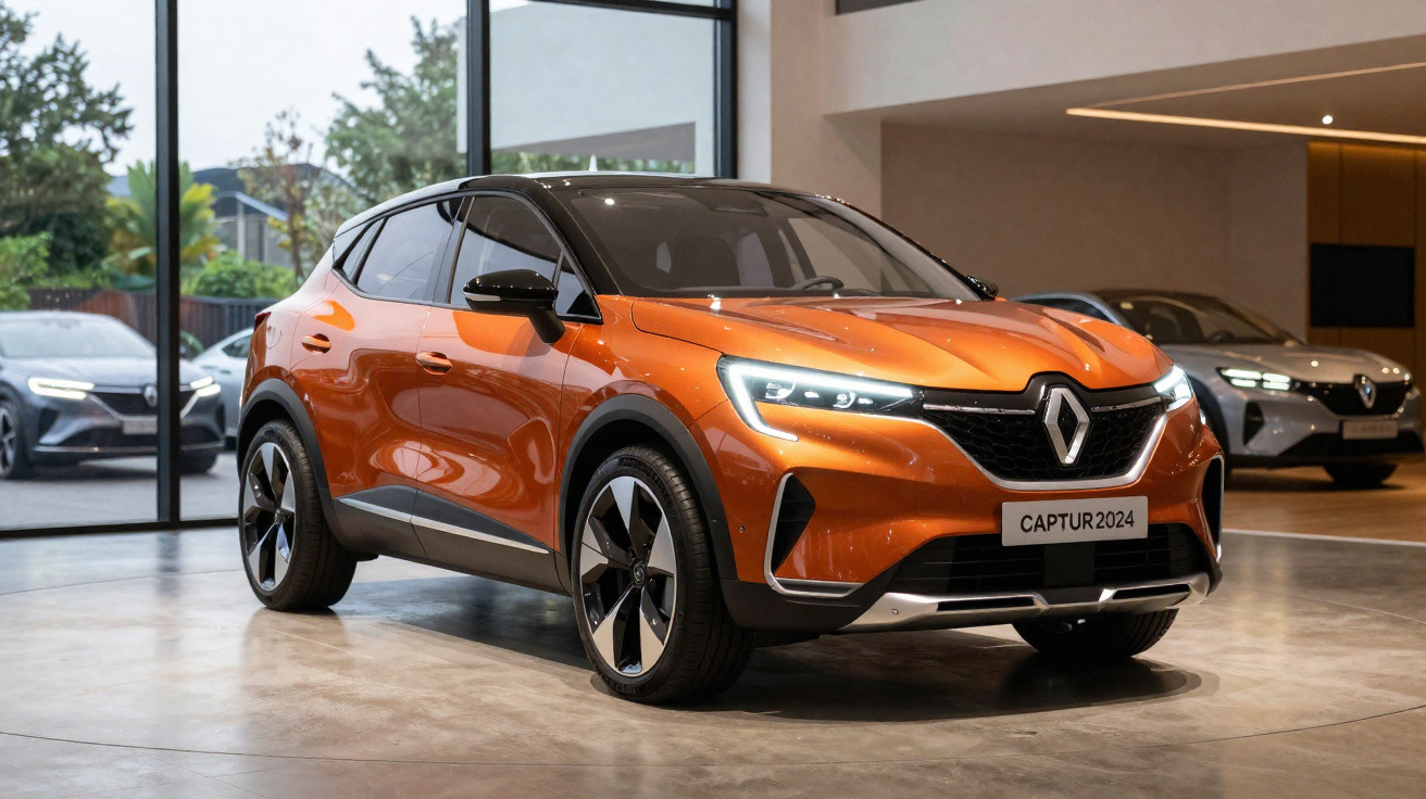 Renault Captur 2024 orange exposée en showroom, éclairage intérieur avec grandes baies vitrées.