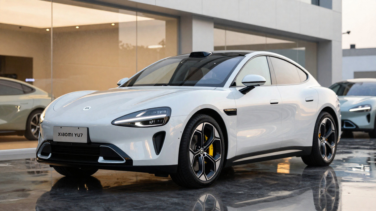 Voiture électrique blanche Xiaomi YU7 exposée dans un showroom moderne avec éclairage intérieur.