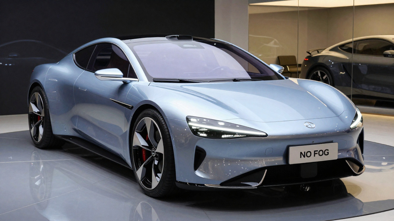 Voiture électrique sportive bleue métallisée exposée dans un showroom moderne et lumineux.