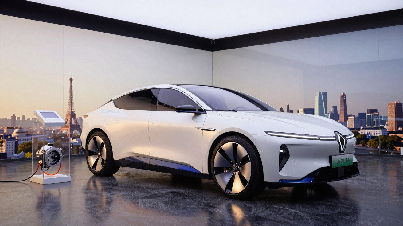 Voiture électrique Renault blanche exposée dans une salle vitrée avec vue sur une ville moderne au coucher du soleil.