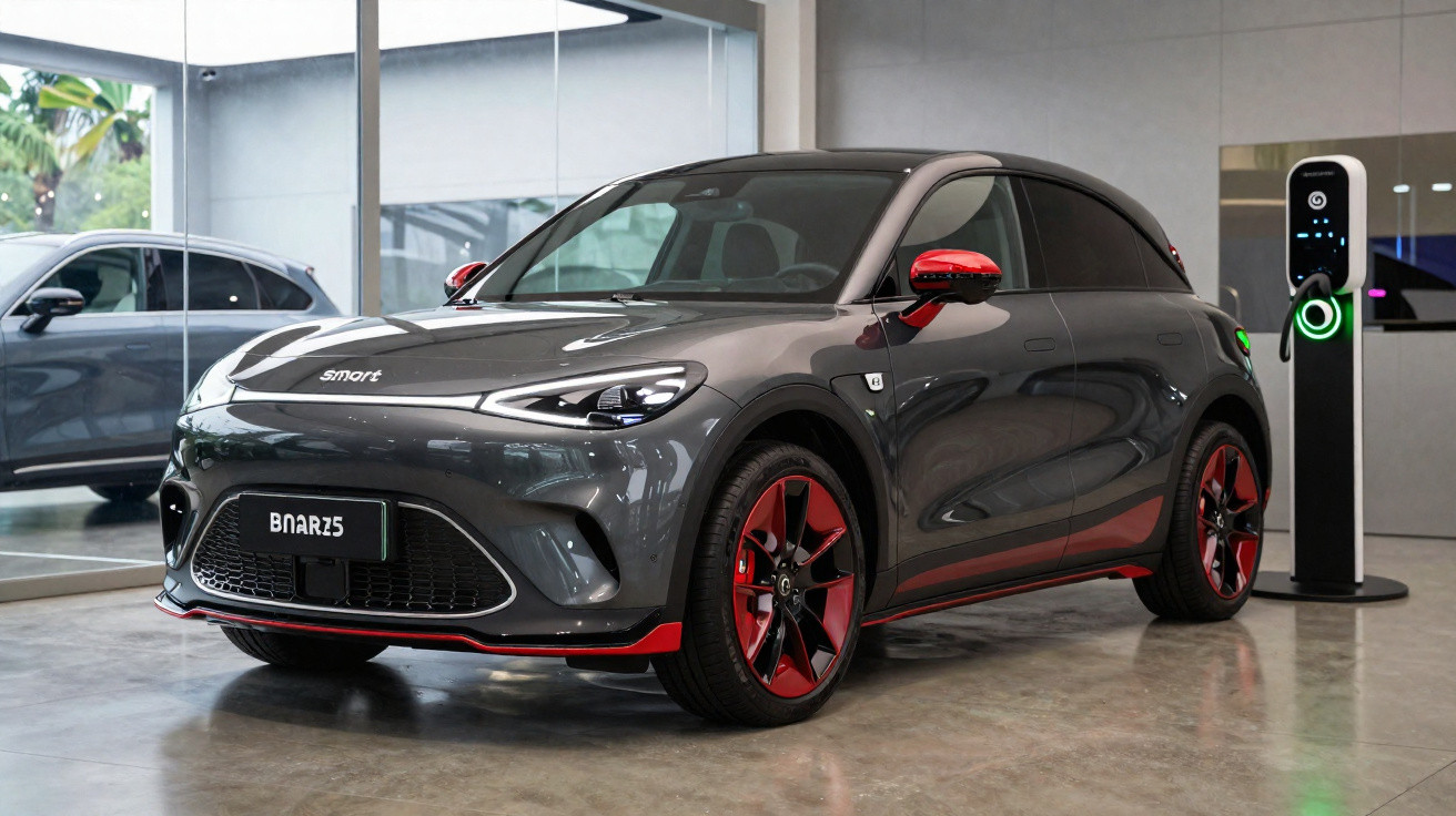 Voiture électrique Smart 5 Brabus grise avec détails rouges en charge dans un showroom moderne.