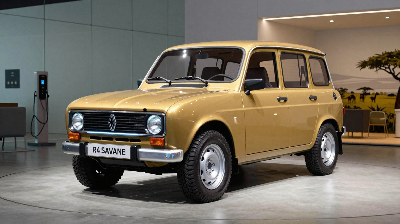Voiture Renault R4 Savane beige exposée en intérieur avec phares allumés et borne de recharge électrique à l’arrière.