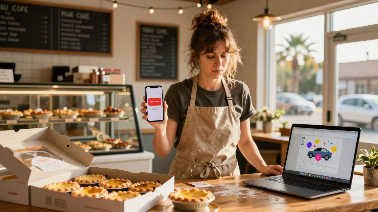 Femme dans une boulangerie montrant un smartphone avec un message d'erreur, avec des tartes et un ordinateur portable.
