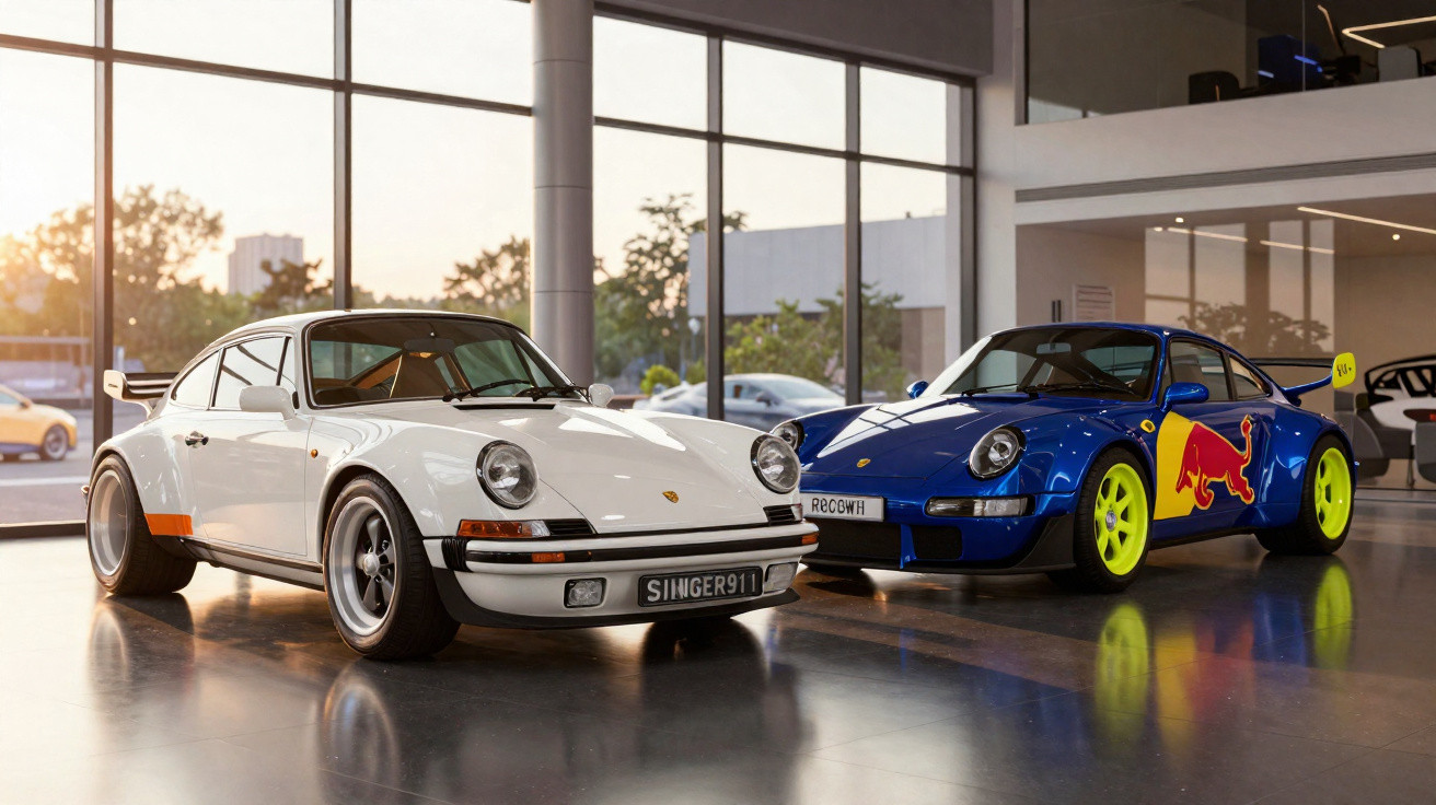 Deux Porsche 911 classiques, une blanche et une bleue aux jantes jaunes, exposées dans un showroom lumineux.