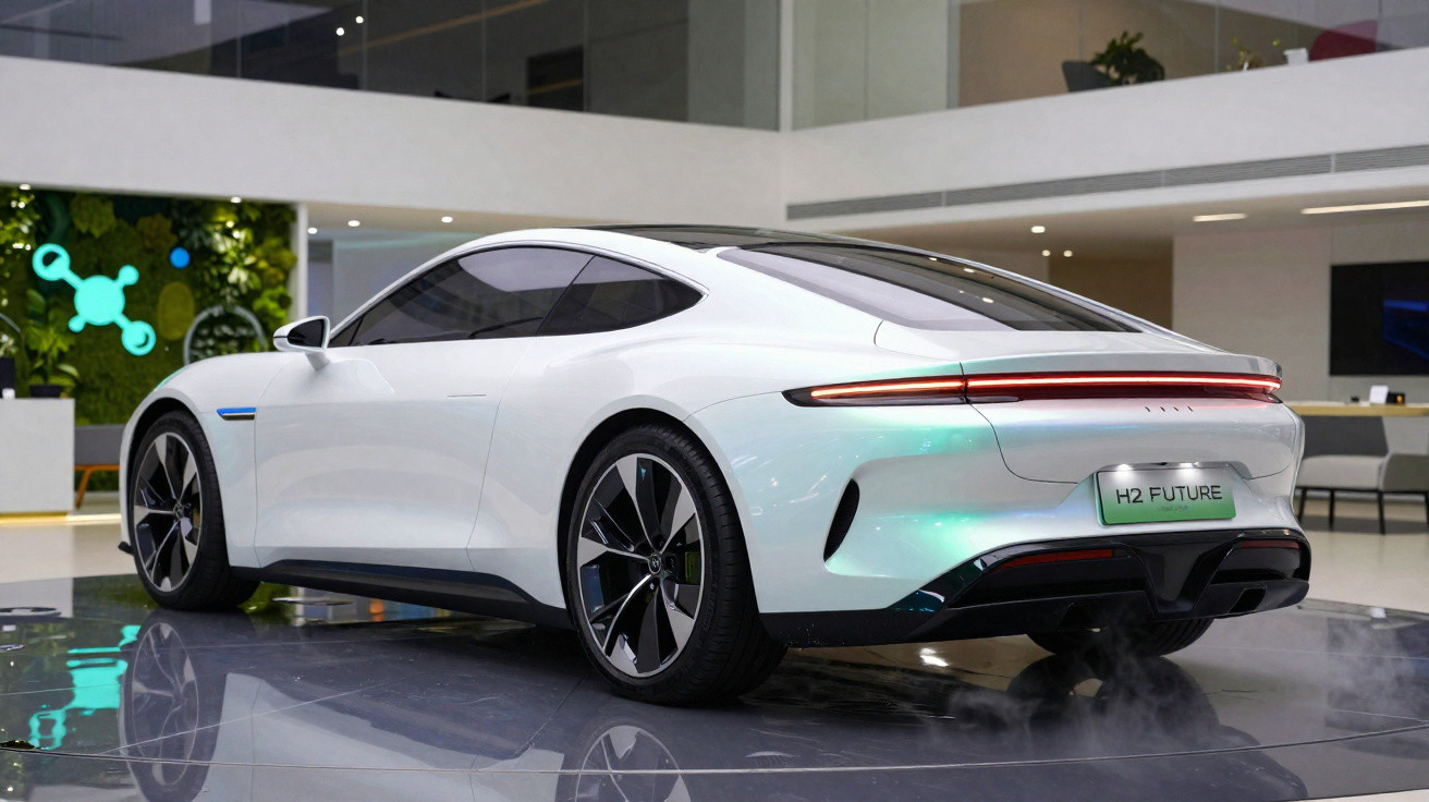 Voiture électrique blanche moderne exposée en intérieur avec un mur végétal et un logo H2 Future lumineux.