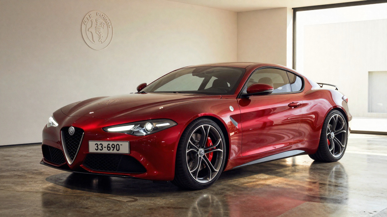 Voiture de sport rouge Alfa Romeo Giulia Quadrifoglio garée dans un intérieur contemporain.