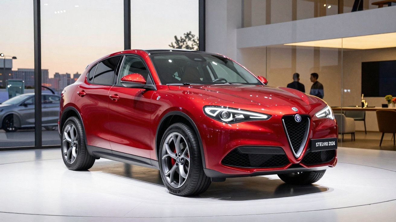 SUV rouge Alfa Romeo Stelvio 2026 exposé dans un showroom moderne avec éclairage intérieur.
