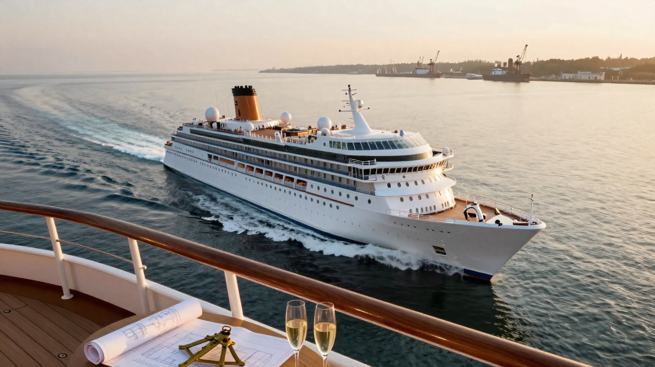 Grand paquebot de croisière naviguant au lever du soleil, vu depuis le pont d’un autre bateau avec plans et coupes de champag