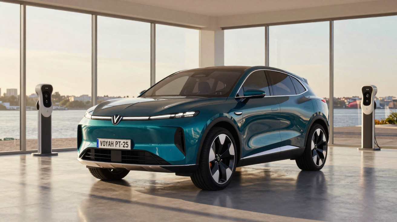 SUV électrique vert stationné dans un showroom moderne avec de grandes fenêtres donnant sur un plan d'eau.