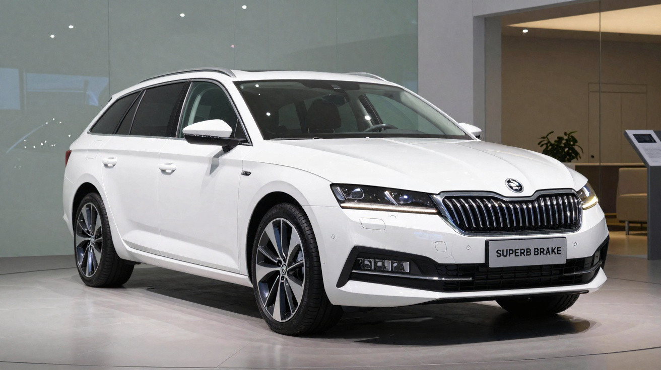 Voiture familiale blanche Škoda Superb Break exposée en intérieur avec jantes alliage et phares allumés.