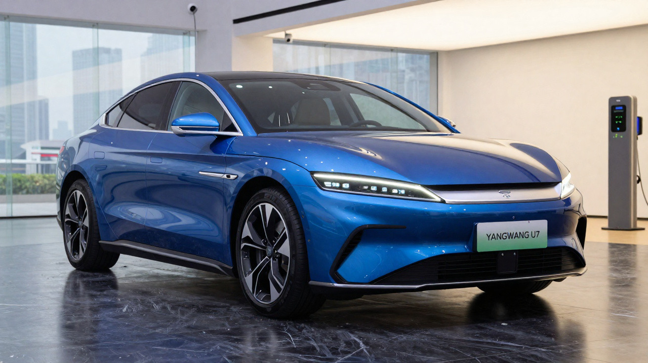 Voiture électrique berline bleue Yangwang U7 stationnée près d'une borne de recharge en intérieur moderne.