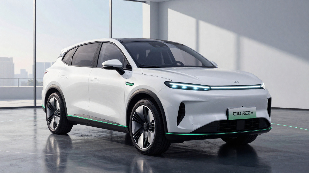 SUV électrique blanc futuriste garé dans un intérieur lumineux avec grandes fenêtres et sol brillant.