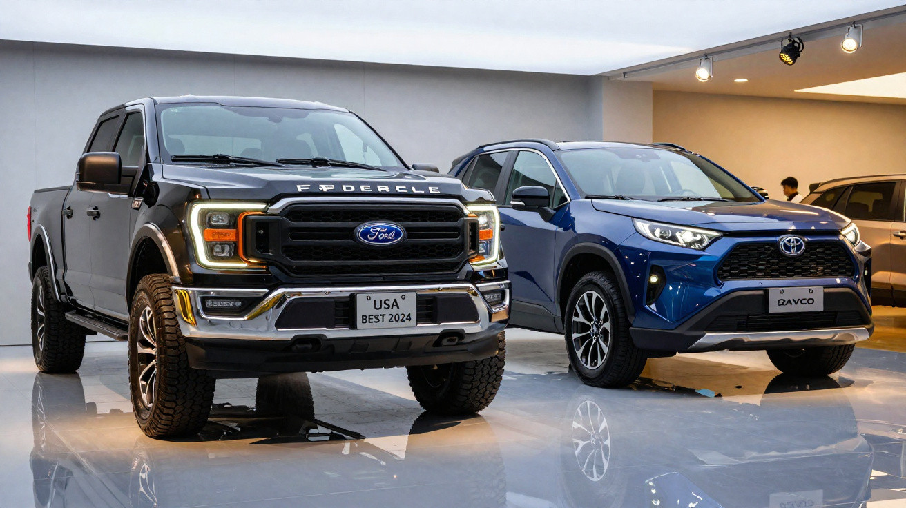 Deux véhicules neufs, un pick-up Ford F-150 et un SUV Toyota RAV4, exposés dans un showroom moderne.