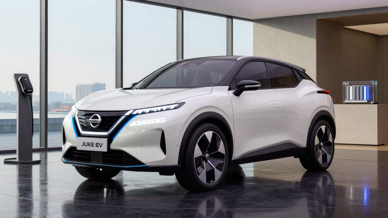 Voiture électrique Nissan Juke EV blanche en cours de recharge dans un showroom moderne lumineux.
