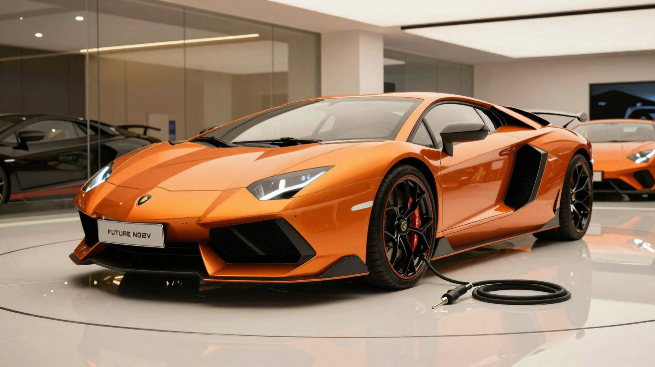 Voiture de sport orange aux lignes agressives exposée dans un showroom moderne avec câble et plaque "FUTURE NOVV".