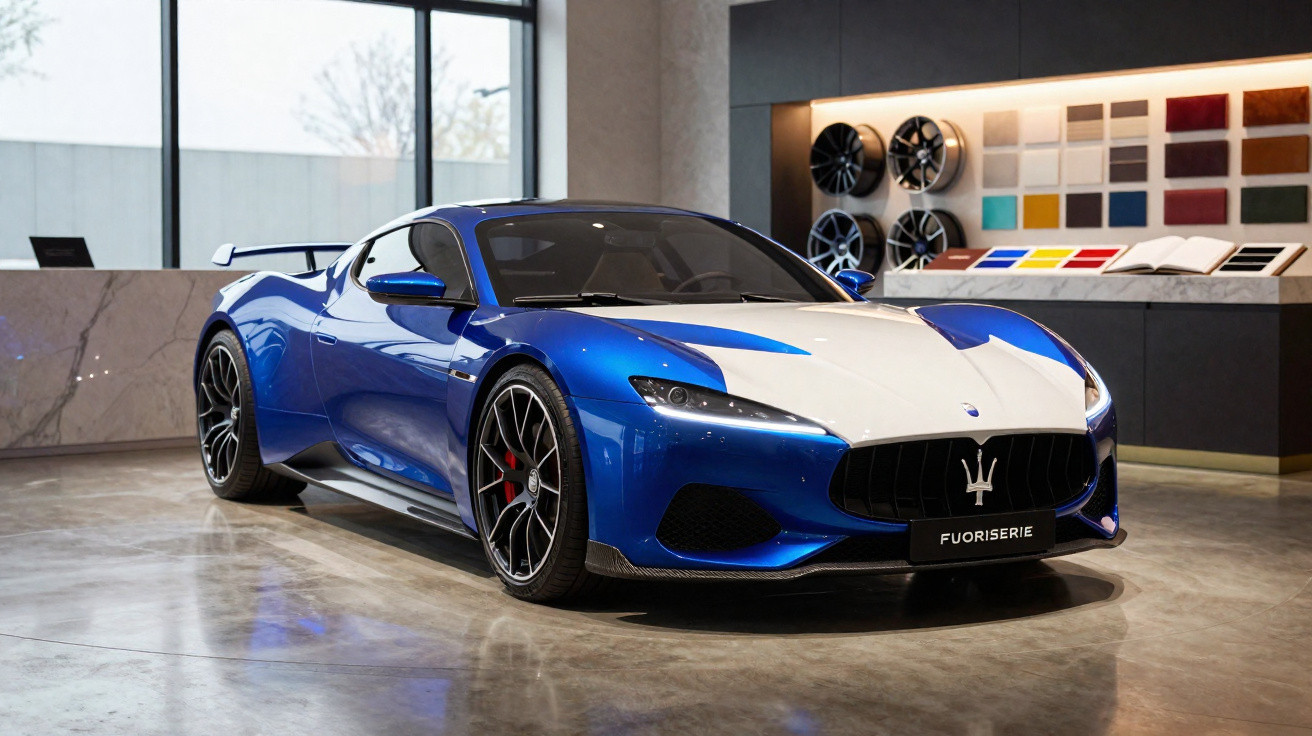 Voiture de sport Maserati bleue et blanche exposée dans un showroom moderne avec jantes en arrière-plan.