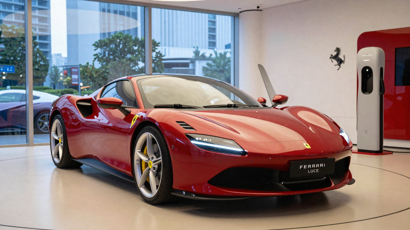 Voiture de sport Ferrari rouge garée dans un showroom moderne avec grandes baies vitrées.