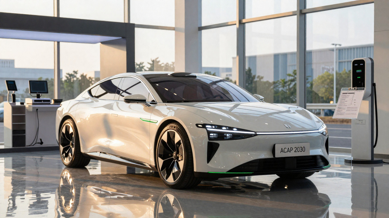 Voiture électrique blanche moderne garée dans un showroom avec bornes de recharge et grandes fenêtres.