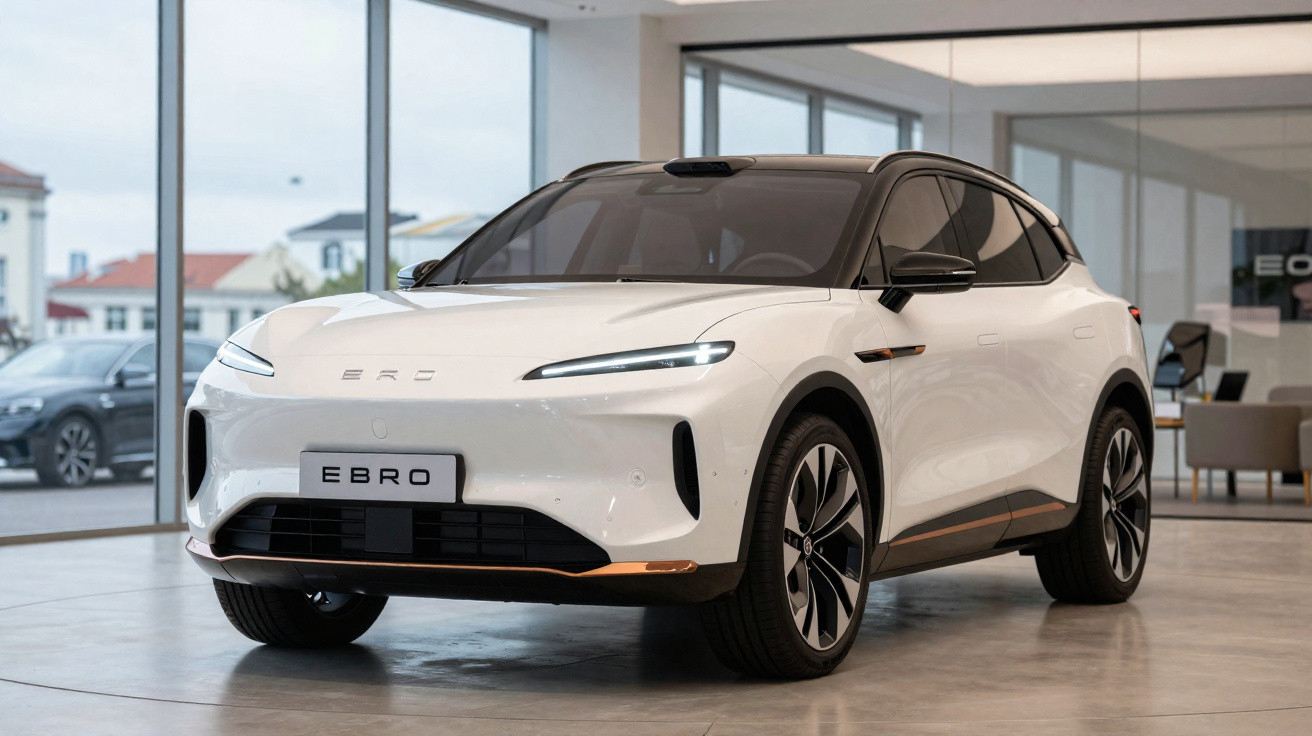 Voiture électrique blanche EBRO PT exposée dans un showroom moderne avec grandes baies vitrées.