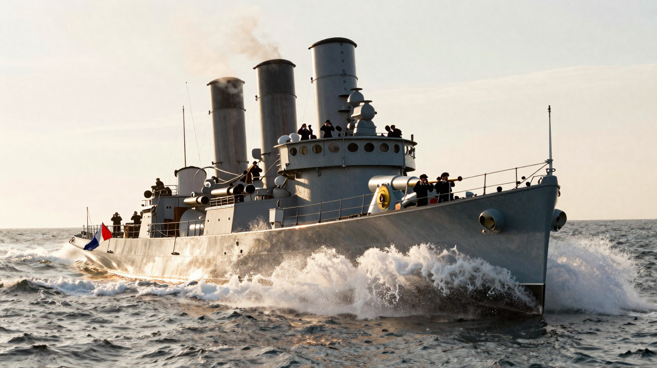 Navire de guerre ancien en mer avec drapeau français flottant et vagues éclaboussant la coque.