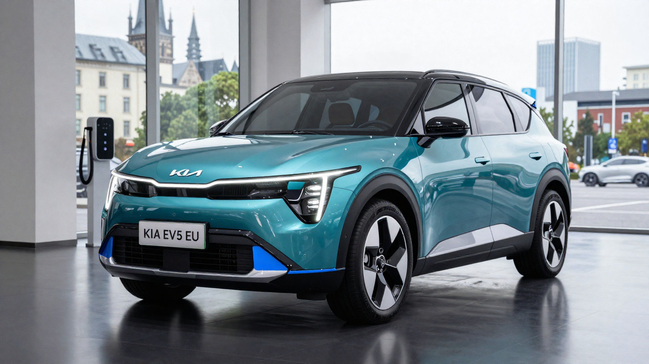 Véhicule électrique Kia EV5 bleu exposé en intérieur avec vue urbaine à travers de grandes fenêtres.