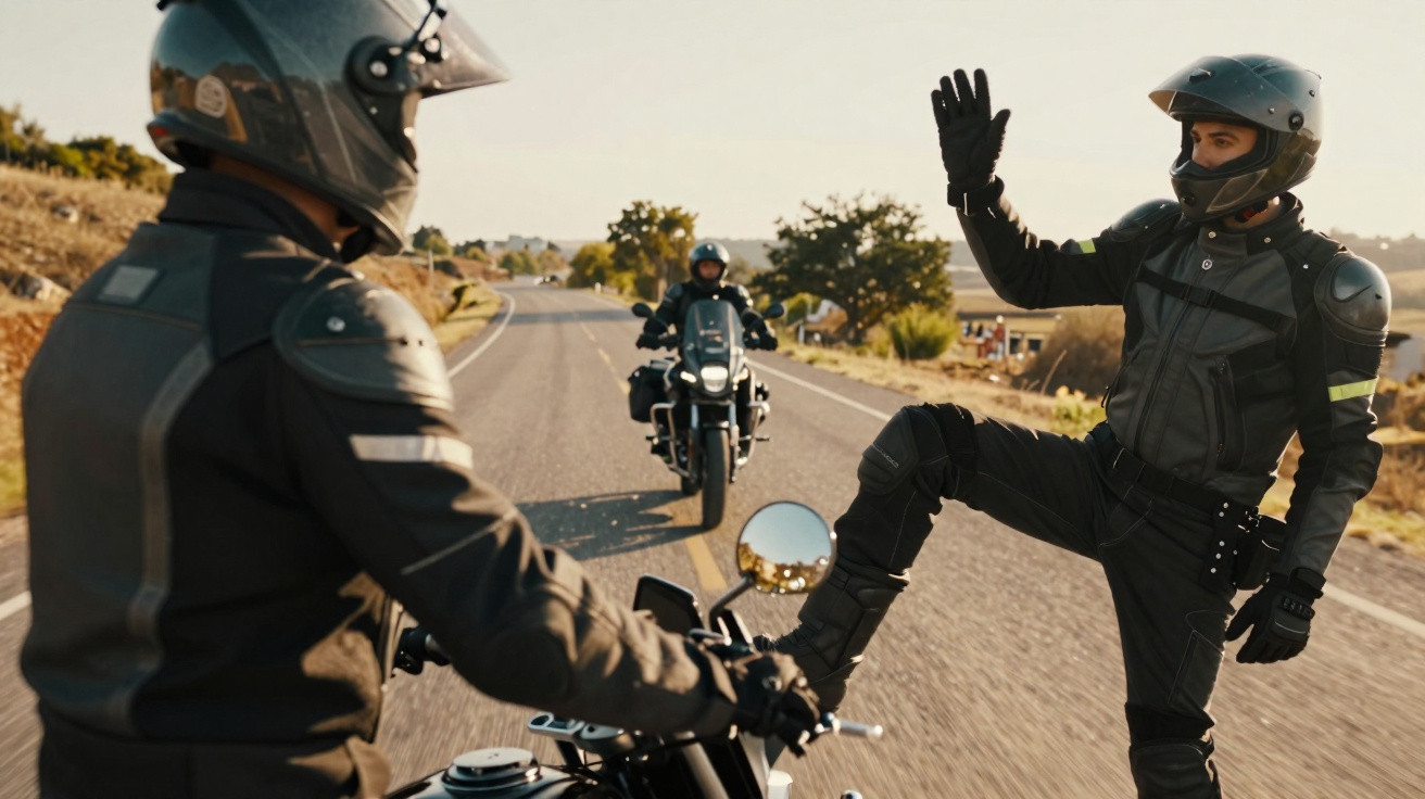 Deux motards en équipement de sécurité saluent sur une route désertique ensoleillée.