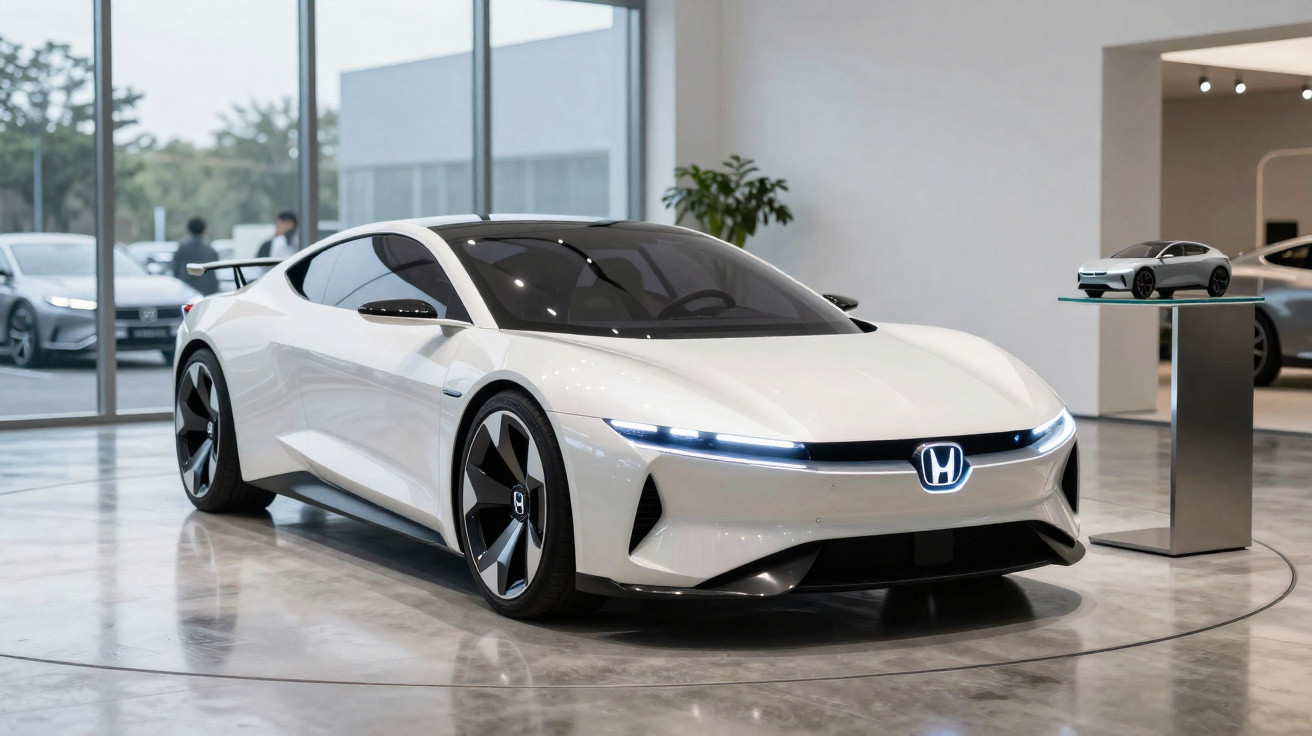 Voiture électrique blanche Honda H-2024 exposée dans un showroom moderne, design sportif et futuriste.