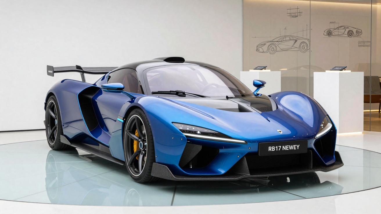 Voiture de sport bleue électrique McLaren Speedtail exposée dans un showroom moderne et épuré.