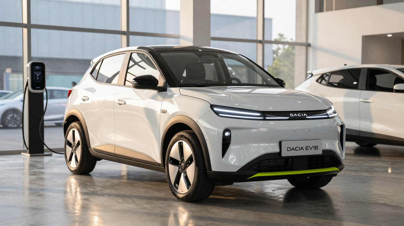 Voiture électrique blanche Dacia EV18 exposée dans un showroom avec une borne de recharge en arrière-plan.