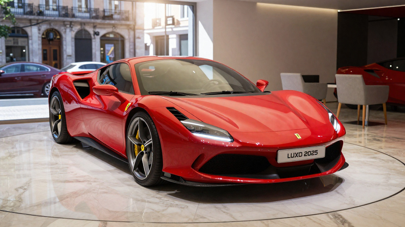 Voiture de sport rouge brillante exposée en intérieur avec sol en marbre et reflets dans le miroir arrière.