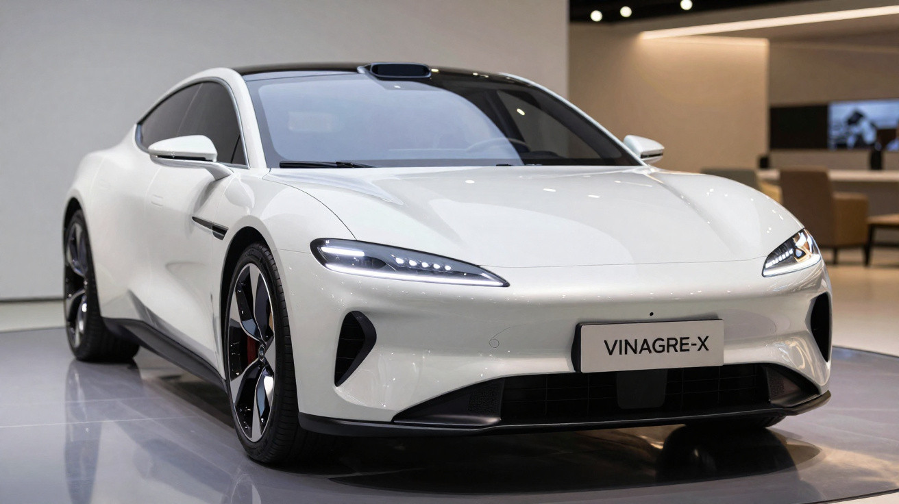 Voiture blanche électrique moderne Vinagre-X exposée en intérieur sur sol brillant.
