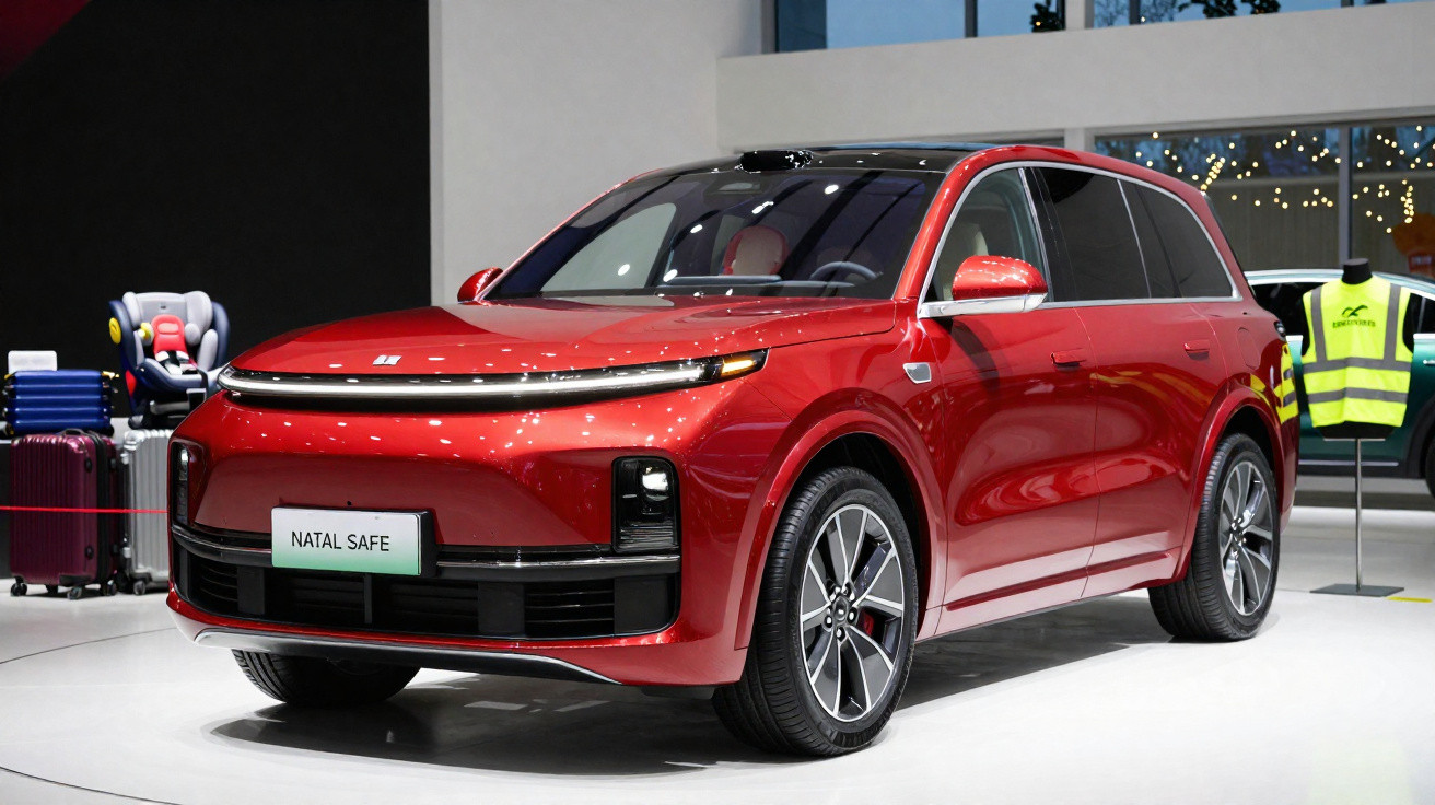 Véhicule SUV rouge moderne exposé en intérieur avec un gilet de sécurité jaune visible en arrière-plan.