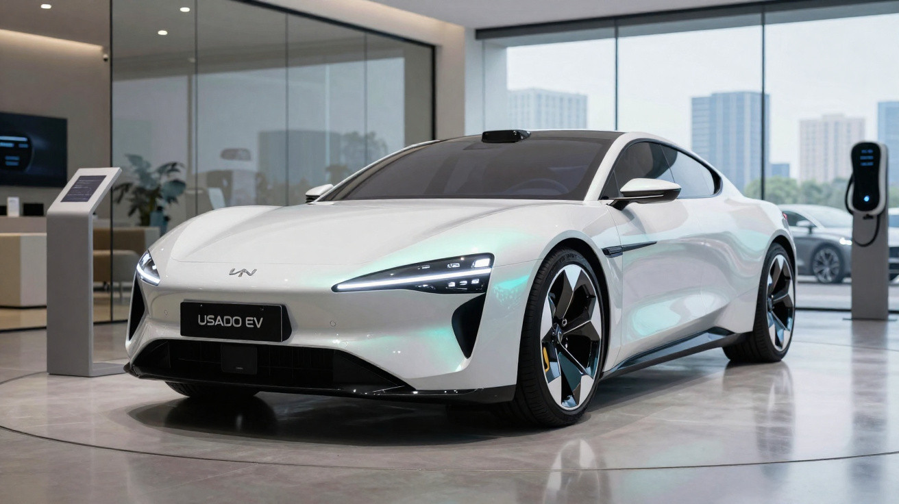Voiture électrique blanche moderne exposée en intérieur avec éclairage LED et grande baie vitrée en arrière-plan.