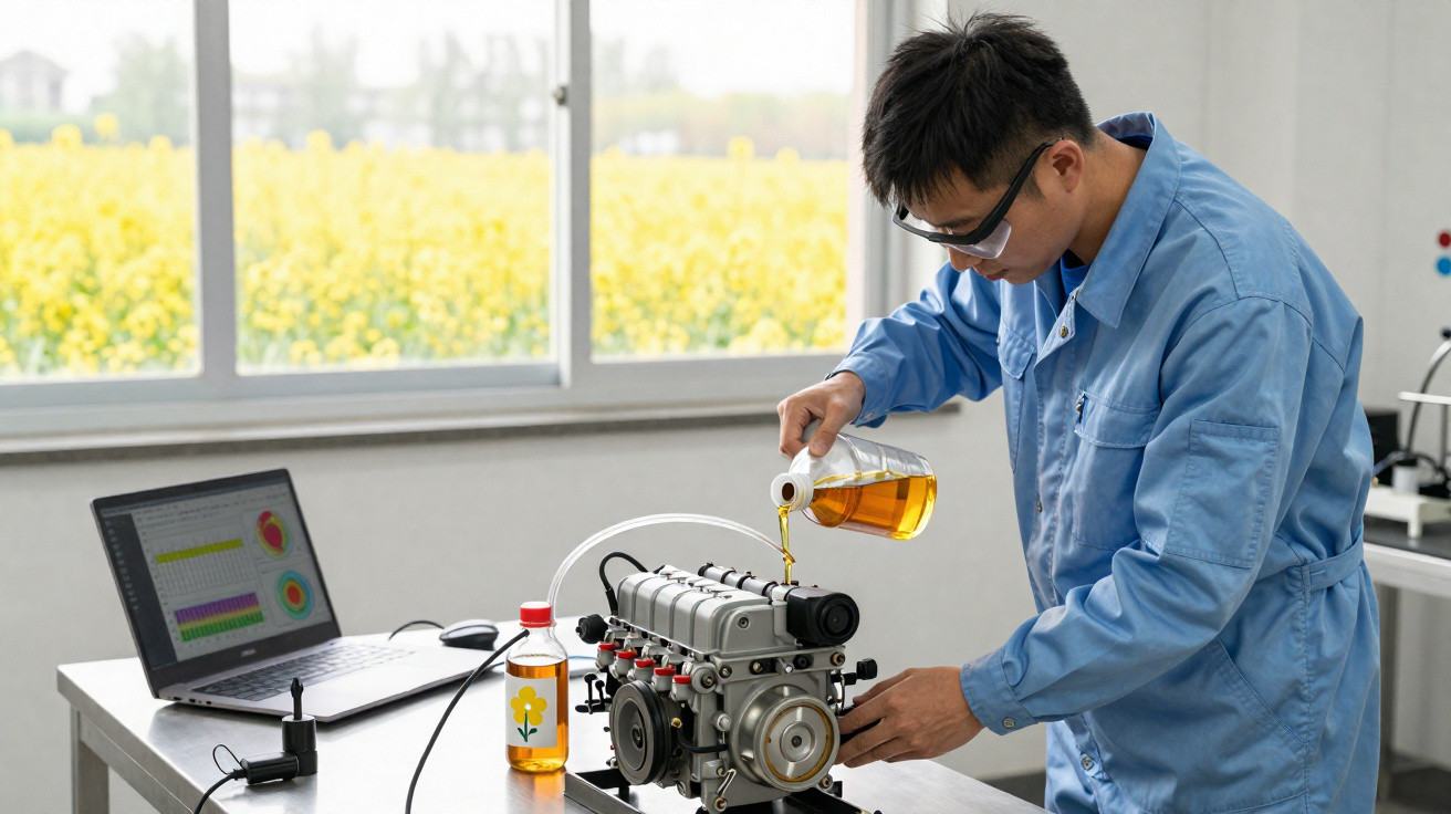 Homme en combinaison bleue verse un liquide jaune dans une bouteille près d’un moteur sur une table en laboratoire.