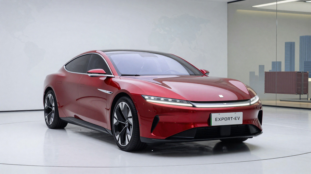 Voiture électrique sport rouge exposée sur un podium blanc avec un fond représentant une carte du monde.