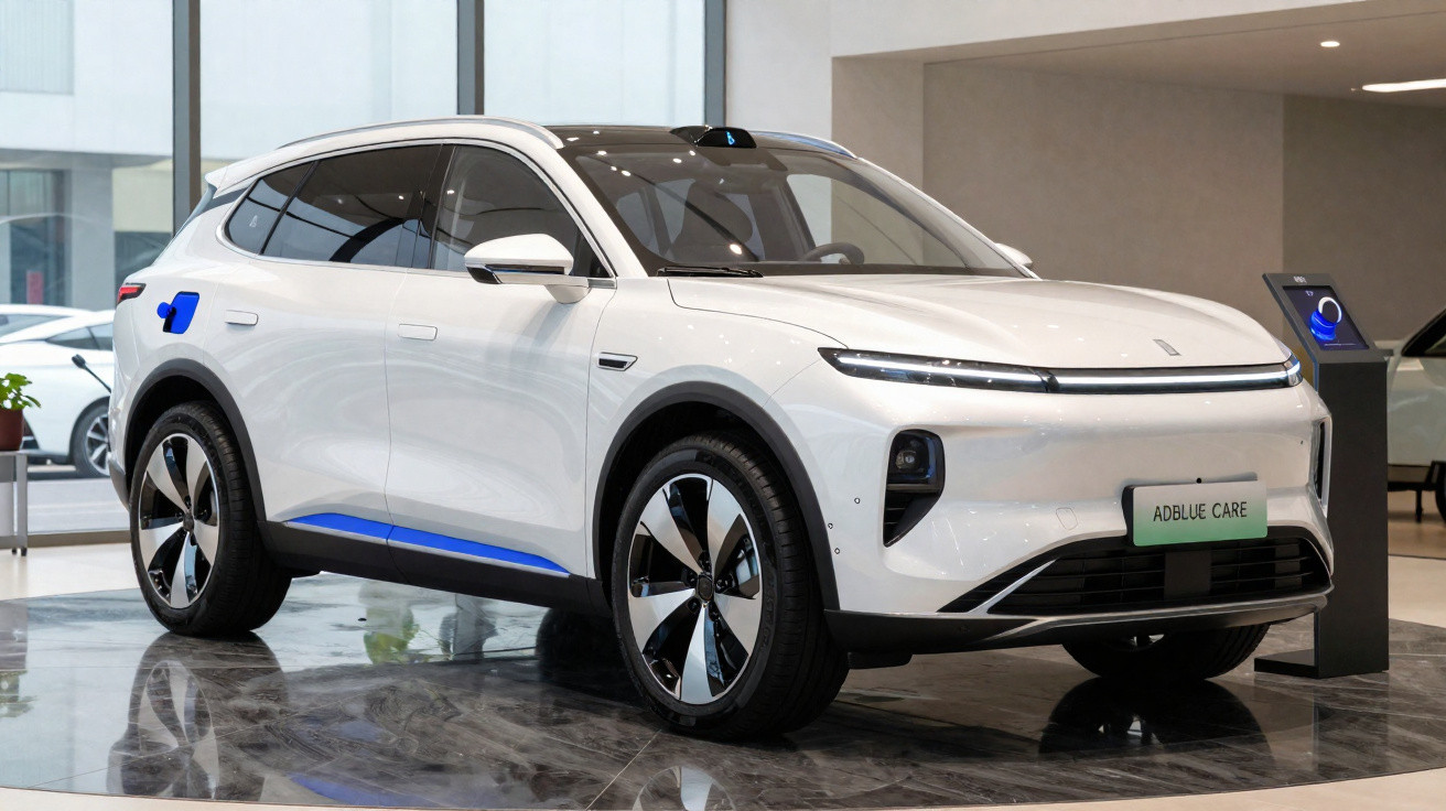 Véhicule électrique SUV blanc stationné en intérieur, design moderne et éclairage LED avant fin.