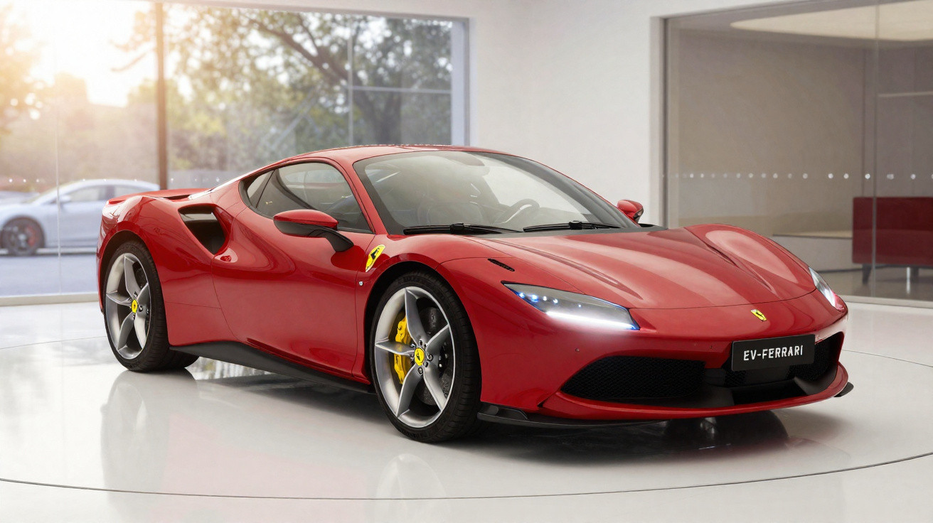 Voiture de sport rouge Ferrari EV exposée en intérieur sur sol blanc, éclairage naturel, vue avant droite.