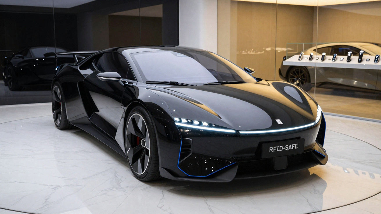 Voiture de sport électrique noire brillante exposée dans un showroom moderne avec sol en marbre.