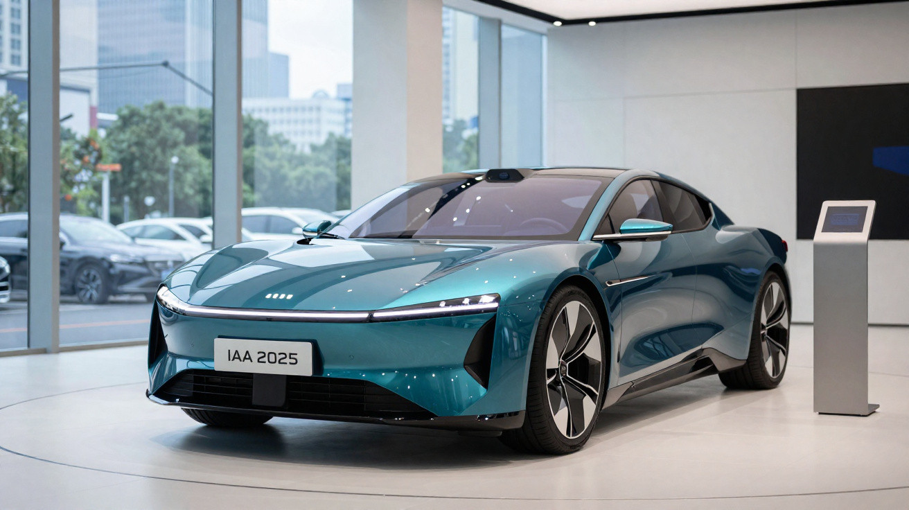 Voiture de sport électrique bleue exposée dans un showroom moderne avec plaques IAA 2025.