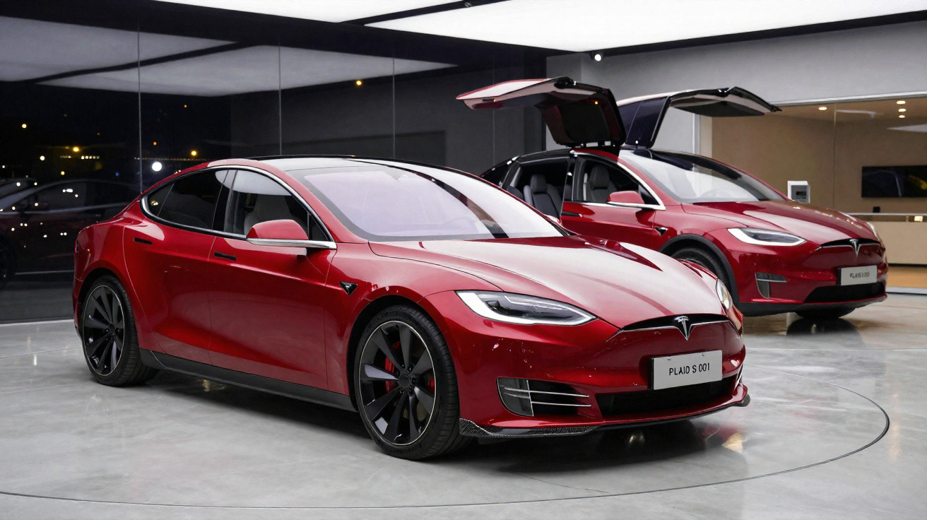Deux voitures électriques Tesla rouges exposées, l'une avec portes papillon ouvertes, dans un showroom moderne.