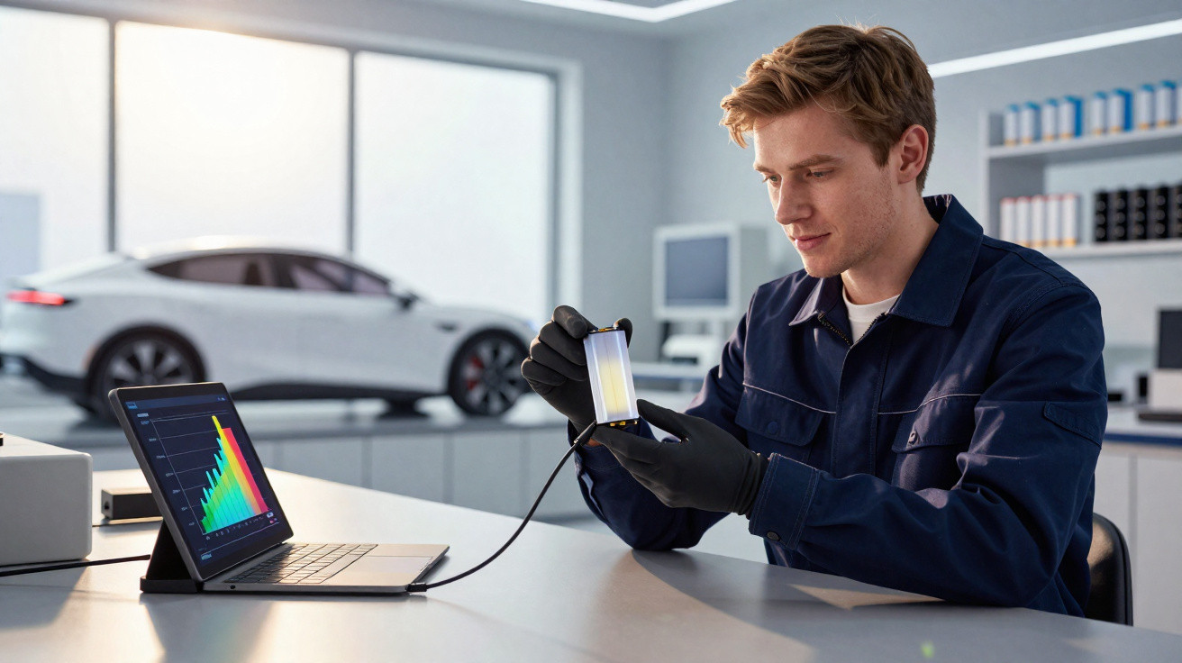 Homme en blouse bleue examine une batterie devant un ordinateur dans un atelier avec une voiture électrique blanche.