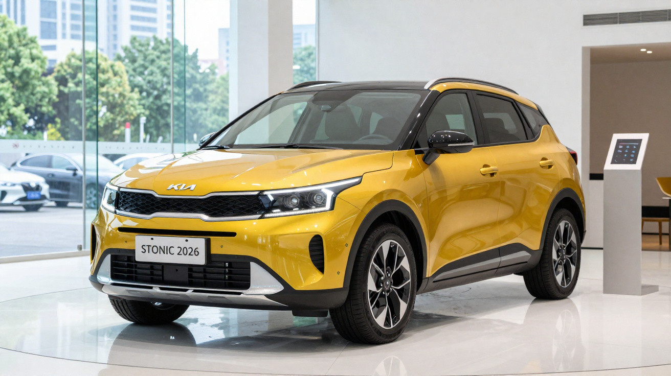 Voiture SUV compacte Kia Stonic 2026 jaune exposée dans un showroom moderne et lumineux.