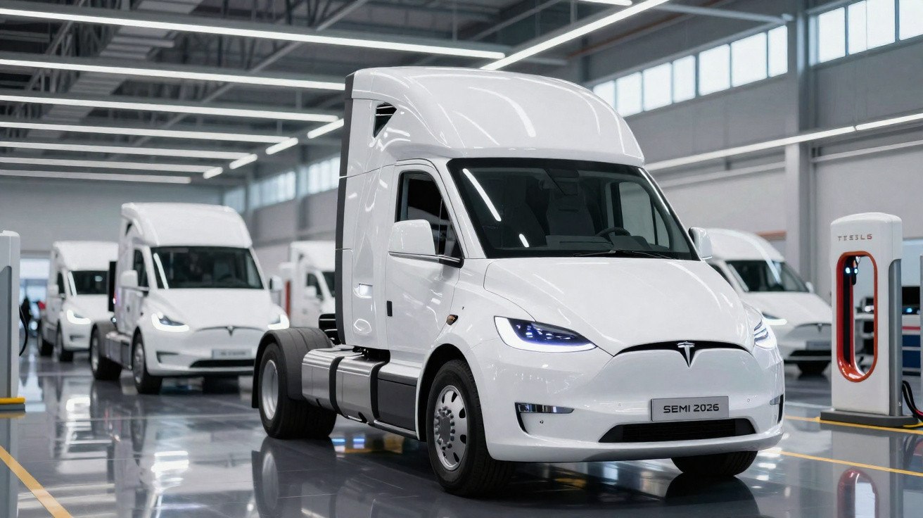 Camion électrique blanc Tesla Semi 2026 dans un grand atelier moderne avec bornes de recharge.