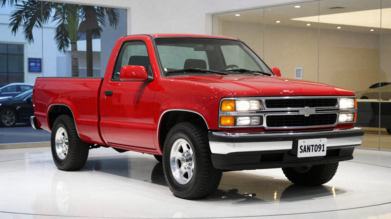 Pick-up Chevrolet rouge vintage garé dans un showroom lumineux avec plaque d’immatriculation SANTO92.
