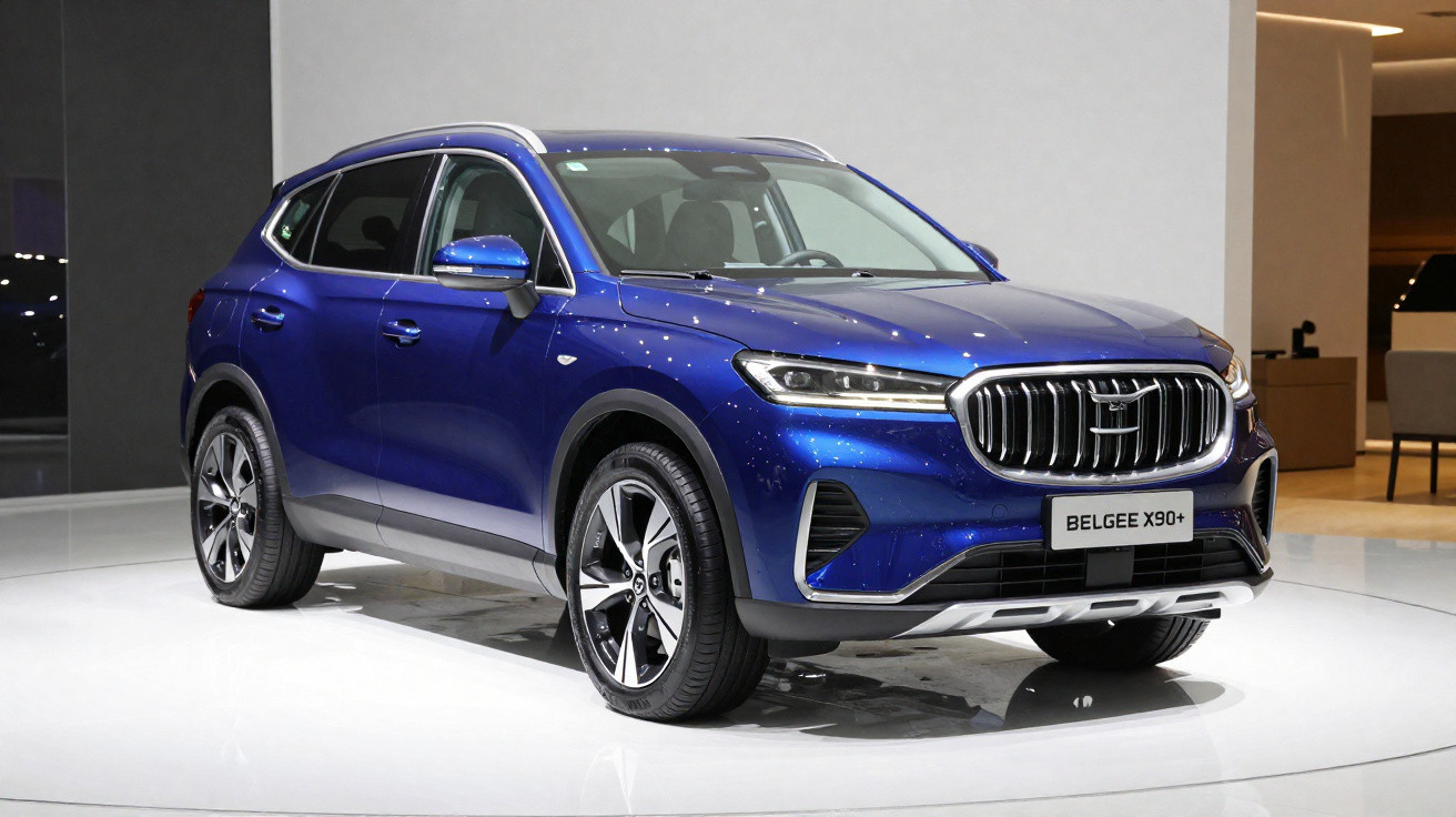 SUV électrique bleu Belgee X90+ présenté en salon, design moderne avec grandes roues et calandre chromée.