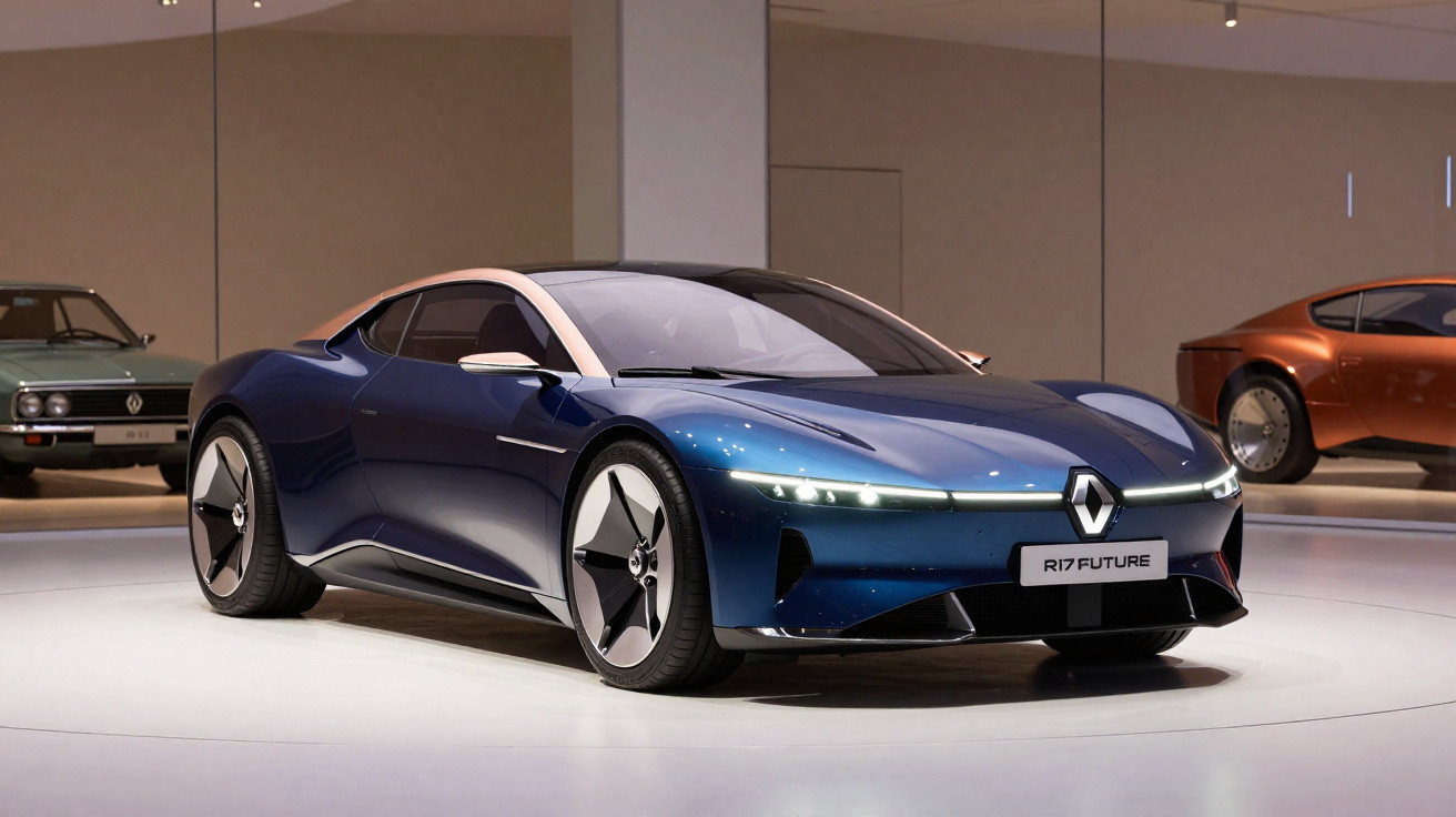 Voiture de sport électrique Renault R17 Future bleu métallisé exposée dans un showroom moderne et épuré.