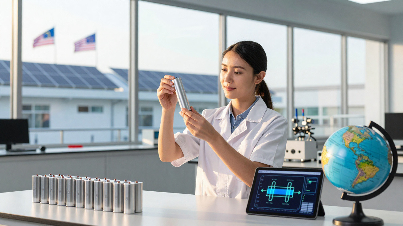 Jeune femme en blouse blanche examinant une batterie cylindrique dans un laboratoire moderne lumineux.